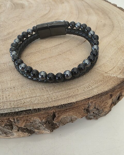 Lederarmband mit Onyx & Hämatit A
