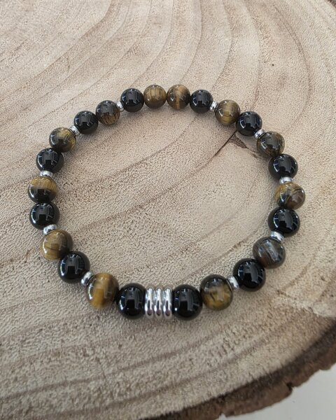 Kugelarmband mit silber Elementen & Edelsteine Tigerauge & Onyx